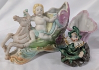 Vintage Bisque Style Cherub with Green Pixie/Fairy Vase. Cherub stand 5.25" Tall. Pixie/Fairy made in Occupied Japan.