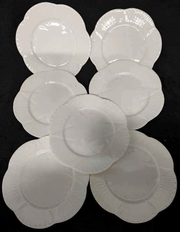 7 Shelly Regency Dainty White 6" Saucers. Minor Discolouration Present, No Chips or Cracks Noted.