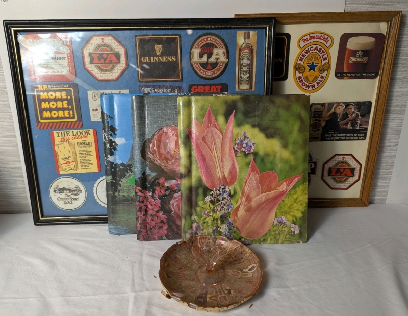 Home Bar and Drinkers Collectables. Alcohol Labels, Coatsers & More. Largest Frame Has Cracked Glass And Measures 21" by 17"