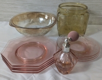 Vintage Depression Glass Lot - 3 Floral Pink Plates 6.5"Diameter, 4 Octagonal Pink Plates 7" Across, Perfume Atomizer, Yellow Cookie Jar 5.5"T x 5"W, Flash Glass Bowl 8"Diameter x 3"H