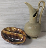 Vintage Pottery Lot - Blue Mountain Pottery Bowl 8" L x 5.5" W - Niloak Matte Ewer Glazed Pitcher 9"