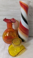 3 Piece Glassware Lot - Orange Crackle Glass Pitcher 5" Tall, Yellow Crackle Glass Cowboy Hat 3" W x 2" T, Nasco Japan Blown Glass Art Vase 8" T