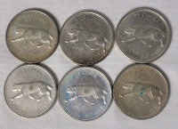 1967 (1867-) Canadian Silver 25 Cent Quarters . Six (6) Coins