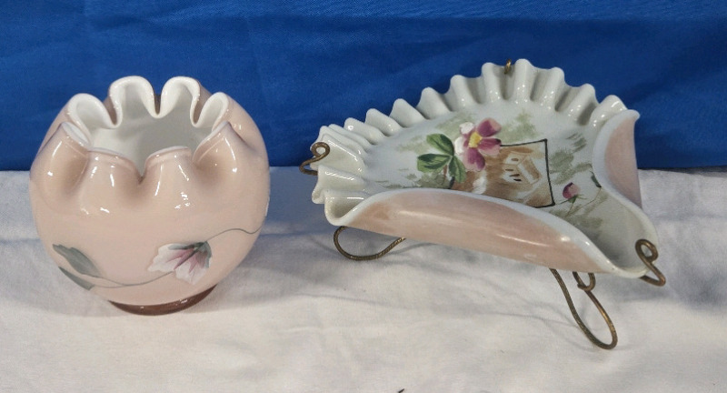 Fenton Art Glass Dusty Rose Overlay Rose Bowl | & Porcelain Shell Shaped Dish W/ Metal Legs