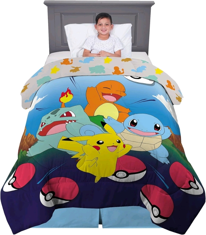 New POK&Eacute;MON Reversible Twin Size 4-Piece Bed Set : Comforter, Fitted Sheet, Flat Sheet & Pillow Ss