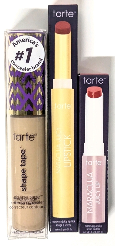 New TARTE | Shape Tape (Light-Med Sand #27S) 10ml, Maracuja Juicy Lip (Strawberry) 1.3g & Maracuja Juicy Lipstick (Cherry) 2g