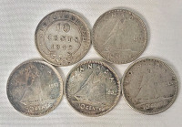 1947 - 1960 Canadian Silver 10 Cent Dimes & 1945-C NFLD Silver 10 Cent Dime . 1945-C NFLD , 1947 , 1951 , 1953 & 1960