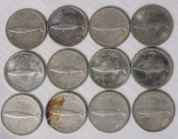 1967 (1867-) Canadian Silver 10 Cent Dimes . Twelve (12) Coins