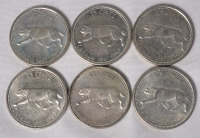 1967 (1867-) Canadian Silver 25 Cent Quarters . Six (6) Coins