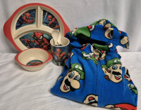 Kid's Size 6 Nintendo Mario & Luigi Onesie & Marvel Spiderman Dish Set