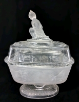 Large Westward Ho Victorian Clear & Frosted Glass Lidded Pedestal Dish | 8.7" x 5.5" x 12" Tall