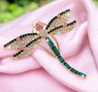 Elegant Dragonfly Brooch Sparkling Rhinestones Luxurious Green & Pink