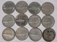 1967 (1867-) Canadian Silver 10 Cent Dimes . Twelve (12) Coins