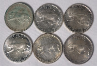 1967 (1867-) Canadian Silver 25 Cent Quarters . Six (6) Coins