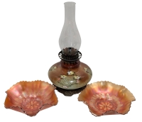 2 Ruffled Carnival Glass Bowls + Handpainted Oil Lamp | Up to 17" Tall