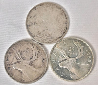 1910 - 1953 Canadian Silver 25 Cent Quarters . 1910 , 1952 & 1953 . Three (3) Coins