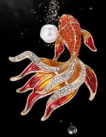 Rhinestone Goldfish Brooch Pearl Enamel Fish