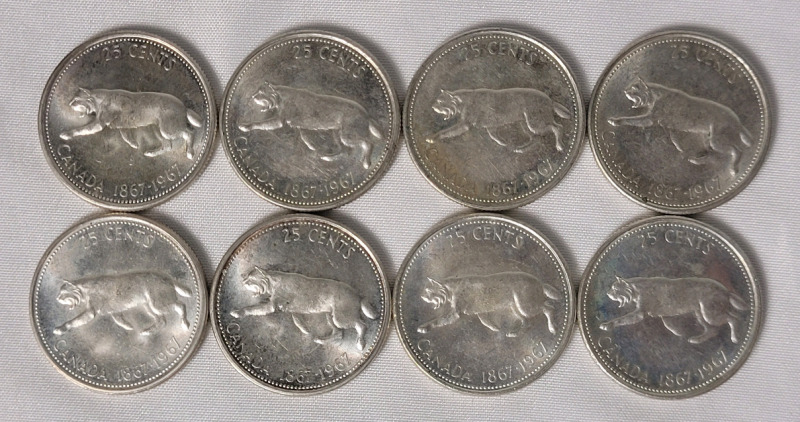 1967 (1867-) Canadian Silver 25 Cent Quarters . Eight (8) Coins