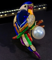 Playful Elegant Parrot Brooch Faux Pearl & Cab Rhinestones