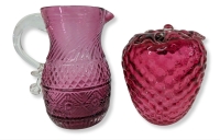 Pressed Glass Pattern Cranberry Glass Pitcher w Applied Handle & Cranberry Glass Strawberry | 4.25" - 4.5" Tall