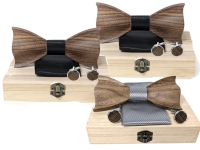 3 New Wood Bow Tie, Cufflinks & Square Handkerchief Sets with Gift Boxes | Bow Tie 4.75" Across | Over $90 Retail Value!