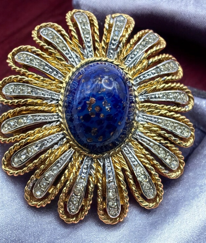 DOrlan Fabulous Two Tone Brooch Bullet Lapis Glass Swarovski Inset Rhinestones Signed