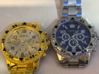 New Two Running Geneva Large Blue Face Watch Silver Tone & Gold Face Gold Tone Both Wide Bands