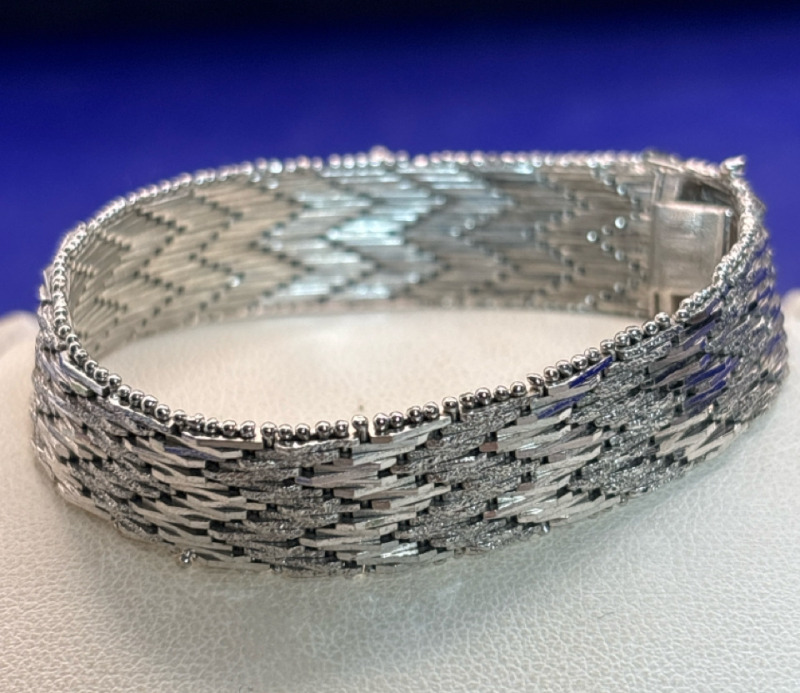 Sterling Silver 925 Gorgeous Wide Woven Braided Bracelet Safety Bar Stamped