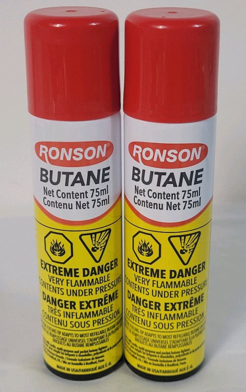 2 New - Ronson Butane Lighter Fluid Cans , 75ml . Note: This Lot Cannot be Shipped