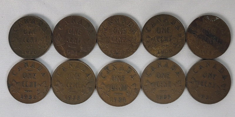 1920 - 1936 Canadian King George V Small Cent Pennies . 1920 , 1921 , 1928 , 1929 , 1932 &times;2 , 1933 , 1934 , 1935 & 1936 . Ten (10) Coins