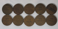 1920 - 1936 Canadian King George V Small Cent Pennies . 1920 , 1921 , 1928 , 1929 , 1932 &times;2 , 1933 , 1934 , 1935 & 1936 . Ten (10) Coins