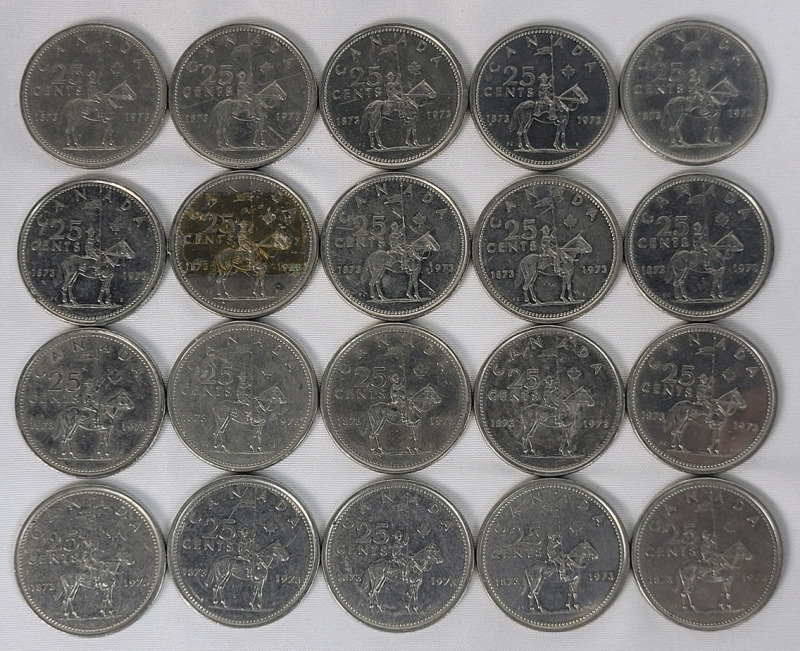 1973 (1873-) Canadian RCMP 25 Cent Quarters , Twenty (20) Coins