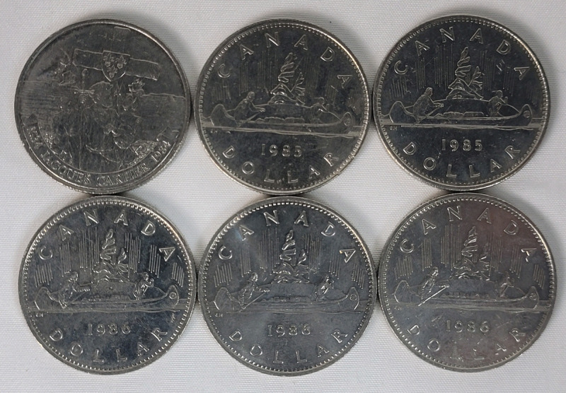 1984 - 1986 Canadian One Dollar Coins . 1984 , 1985 &times;2 & 1986 &times;3 . Six (6) Coins