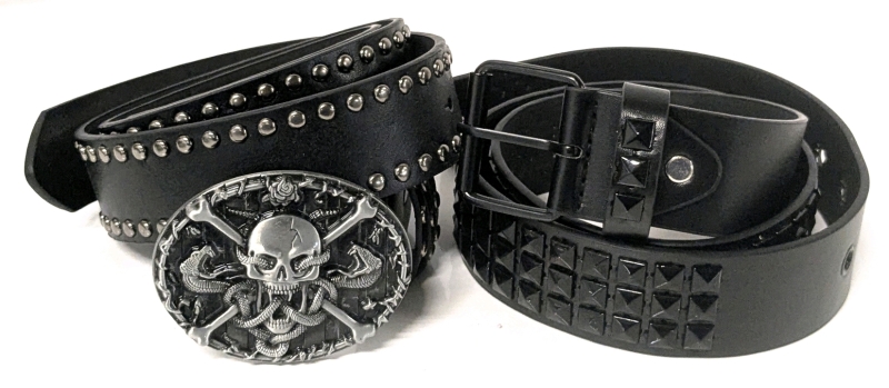2 New Black PU Leather Belts (incl One with Skull & Snakes Buckle) | 40" - 47" Long