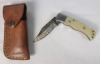 New - Damascus Steel Single Blade Folding Pocket Knife with Leather Belt Case . Measures 6 5/8" long when open