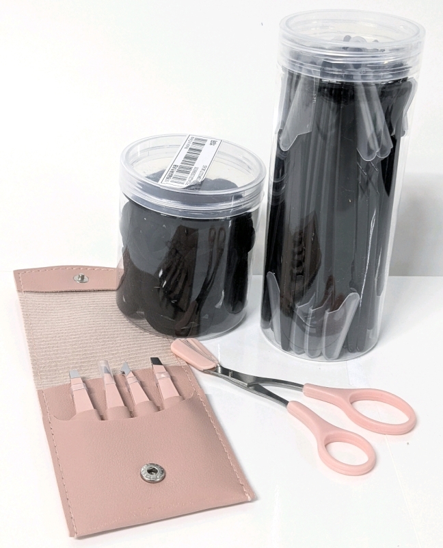 New Hair & Grooming! 40 Bikini Line Razors, Eyebrow Scissors, 50 Black Hair Elastics & 4-Piece Tweezer Set in Case