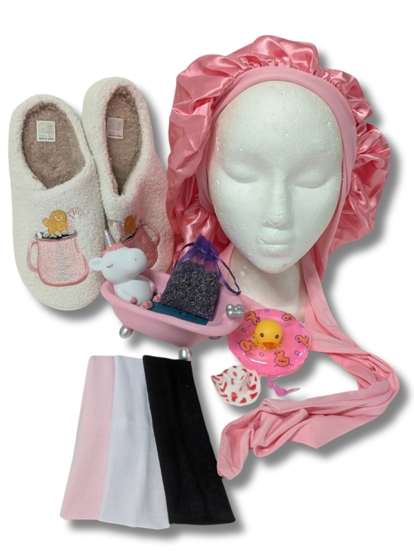 New Bath & Relaxation! Size 36/37 Soft Gingerbread Slippers, Lavender Sachet, Unicorn Soap Dish, Rubber Ducky with Accessories, 3 Headbands & Satin Sleep Bonnet
