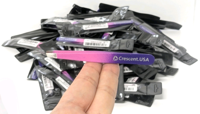 80+ New Crescent.USA Precision Pink/Purple Eyebrow Tweezers | Stainless Steel | 3.75" Long ea
