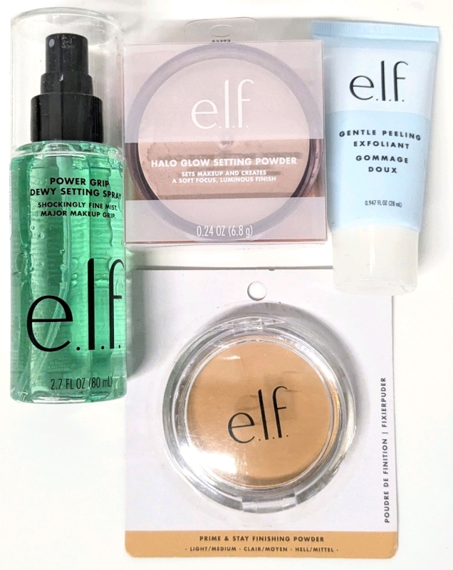 New E.L.F. | Power Grip Setting Spray (80ml), Halo Glow Setting Powder (Light Glow, 6.8g), Gentle Peeling Exfoliant (28ml), Prime & Stay Finishing Powder (Light Medium, 5g)