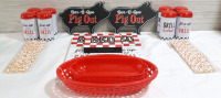 New Outdoor Picnic Table Barbeque Set, Including 2 Wooden "Pig Out" String Handle Signs (8" Long, 4" Tall), 8 Seasoning Containers (4" Tall, 2" Wide), 5 Square Wood Coasters (4&frac12;") 20 Paper Straws (8" Long), 2 Food Baskets (9" Long, 6" Wide) & 2 Hot Dog Ho