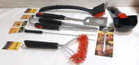 Lot of Brand New Barbeque Utensils and Tools from Char-Broil & Flamego, Including A Red Nylon Bristle Brush w/ Steel Scraper (17" Long, End Piece 3" Wide), Steel BBQ Spatula (17" Long, 3&frac12;" Wide), Two Prong BBQ Fork (15" Long, End Piece 1&frac12;" Wide), Red Nylo