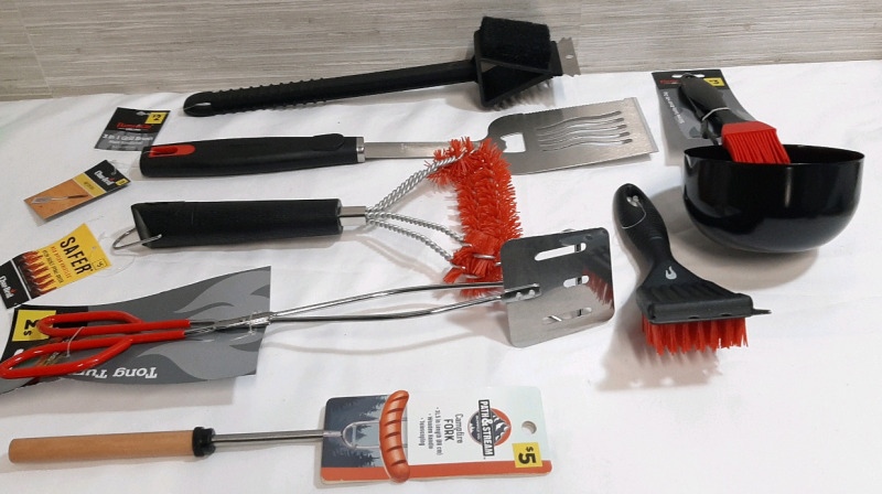 Lot of Brand New Barbeque Utensils and Tools from Char-Broil, Flamego & Path & Stream Supply Co, Including a Steel BBQ Spatula (17" Long, 3&frac12;" Wide), Red Nylon Bristle Double Spatula Brush (12" Long, End Piece 6" Wide,) Silicone Basting Brush with Handle C