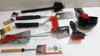 Lot of Brand New Barbeque Utensils and Tools from Char-Broil, Flamego & Path & Stream Supply Co, Including a Steel BBQ Spatula (17" Long, 3&frac12;" Wide), Red Nylon Bristle Double Spatula Brush (12" Long, End Piece 6" Wide,) Silicone Basting Brush with Handle C