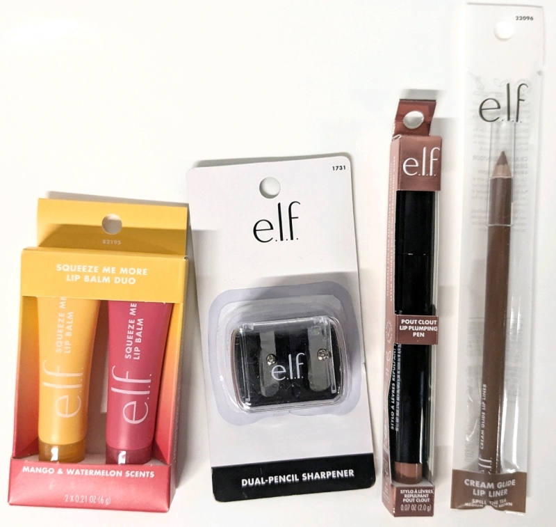 New E.L.F | Squeeze Me More Lip Balm Duo (Mango, Watermelon, 6g ea), Dual Sharpener, Cream Glide Lip Liner (Spill the Tea), Pout Clout Lip Plumping Pen (Toasted, 2g)