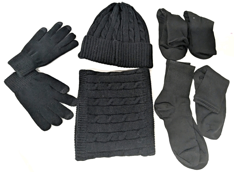 New Black Knitted Toque, Lined Neckwarmer, Gloves with Touchscreen Compatibility & 4 Pairs of Socks (Size 40-43)