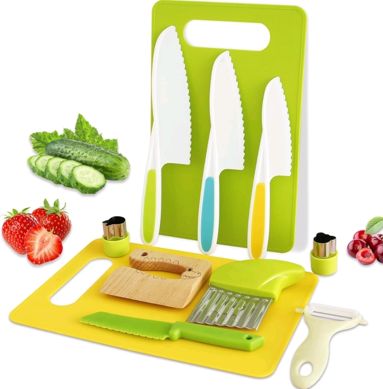 New 13-Piece Kid Safe Plastic Kitchen Cooking Set | Cutting Boards, Knives , Peeler, Separator, Crinkle-Cutter & 4 Punch Tools | Boards 7.75" x 11.5"