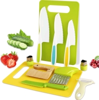 New 13-Piece Kid Safe Plastic Kitchen Cooking Set | Cutting Boards, Knives , Peeler, Separator, Crinkle-Cutter & 4 Punch Tools | Boards 7.75" x 11.5"