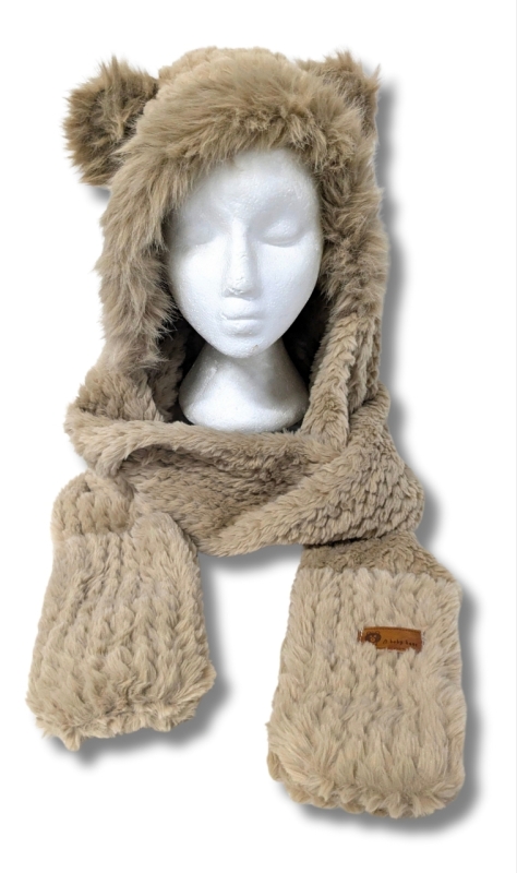 New Super Soft Teddy Bear Hood Hat with Built-in Scarf and Hand Warming Pockets | One Size Fits Most Adults