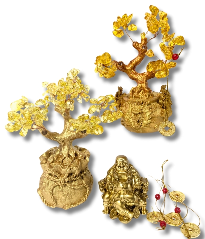 2 New Money Bag & Dragon Resin Money Trees with Possible Citrine "Leaves", Seated Laughing Buddha Figure & 5 Plastic Lucky Coins | Trees up to 7.5" Tall