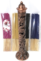 New Copper-Tone Metal Vertical Dragon/Phoenix Incense Burner with 200 Incense Sticks: Sakura, Rose, Jasmine & Lavender | Burner is 11.25" Tall